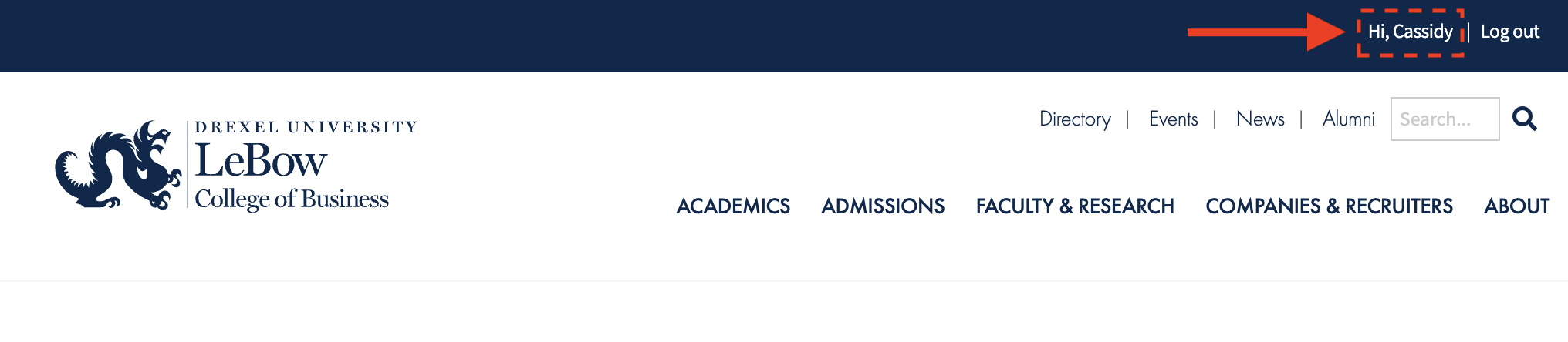 logged in area highlighted on LeBow website