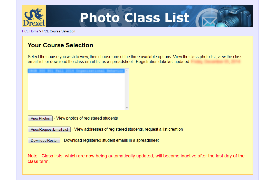 screen capture of Photo Class List page