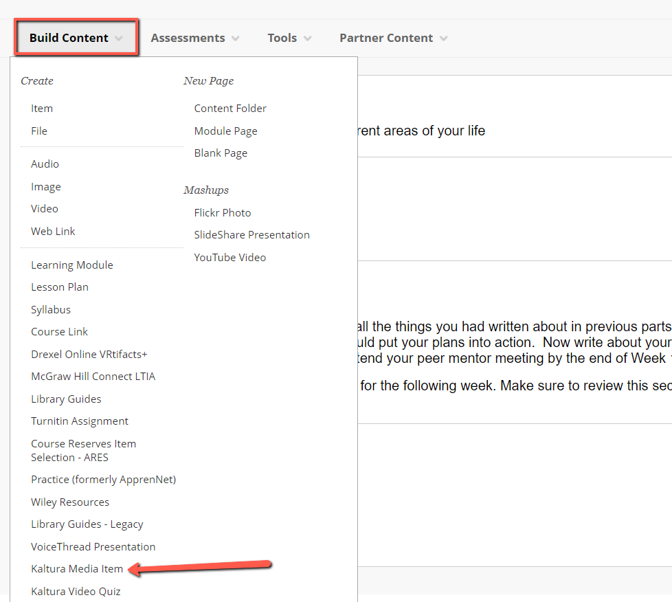 Screenshot of "Build Content" menu in Blackboard. An arrow is pointing to the "Kaltura Media Item" option.