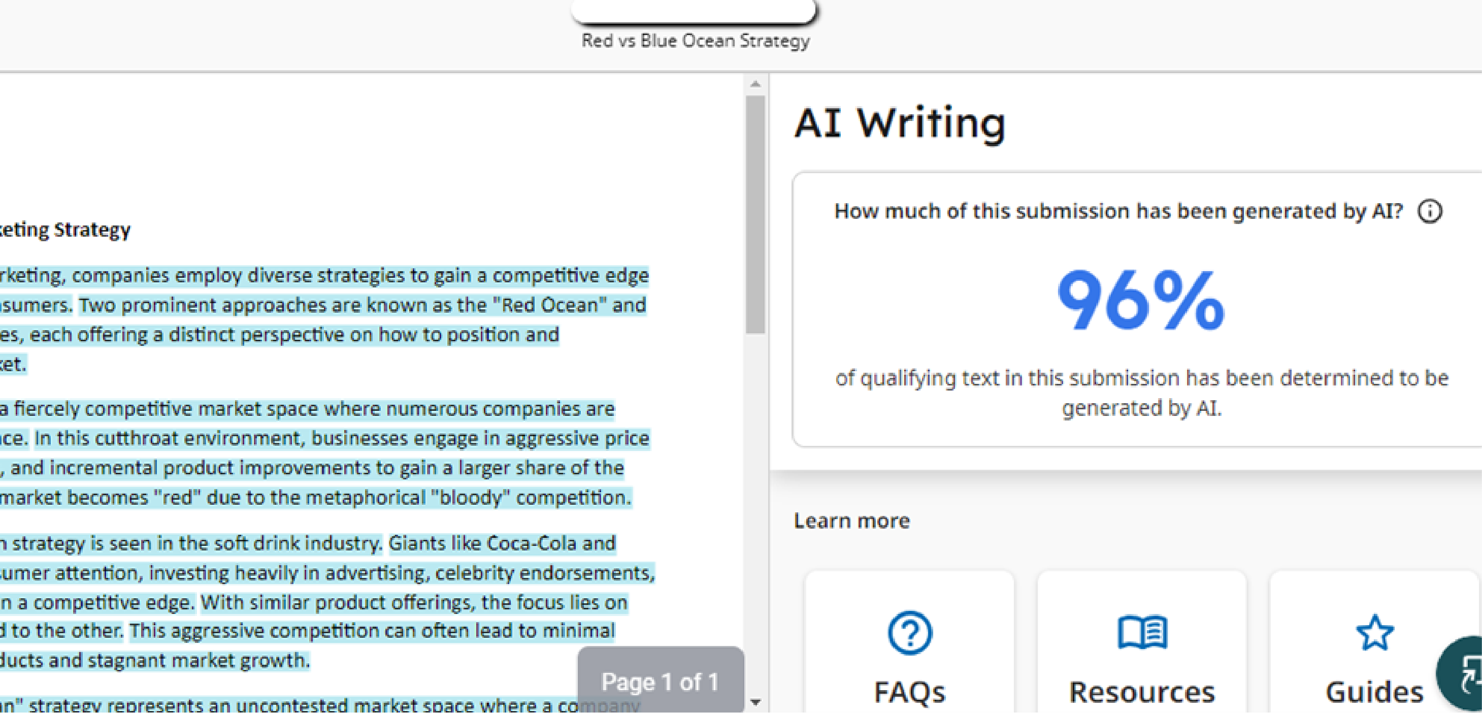 Screenshot of a sample Turnitin AI Writing report. The majority of the submission text is highlighted, showing the segments making up the 96% AI indicator score.