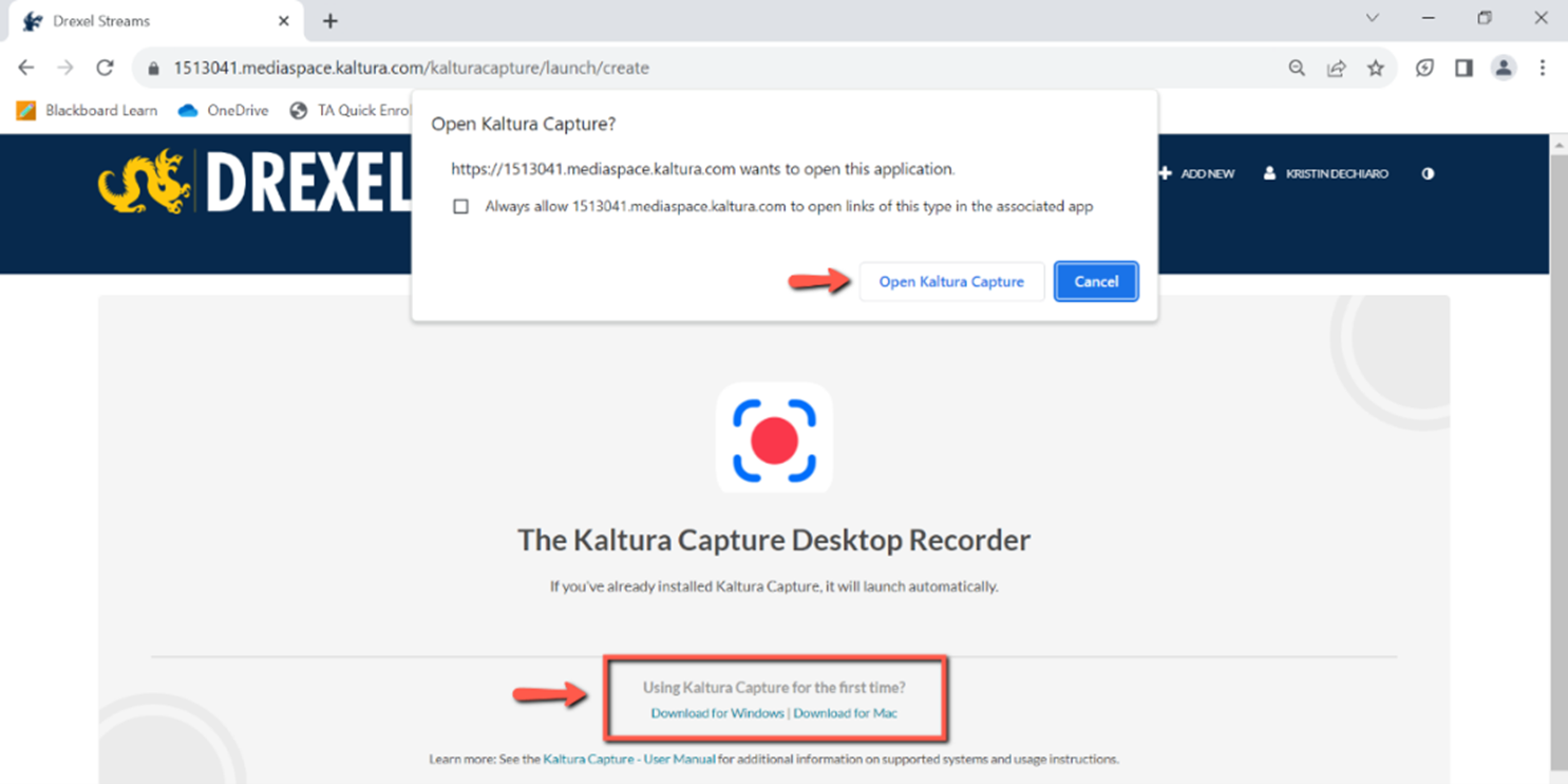 A screenshot that shows the options to either open Kaltura Capture or download it