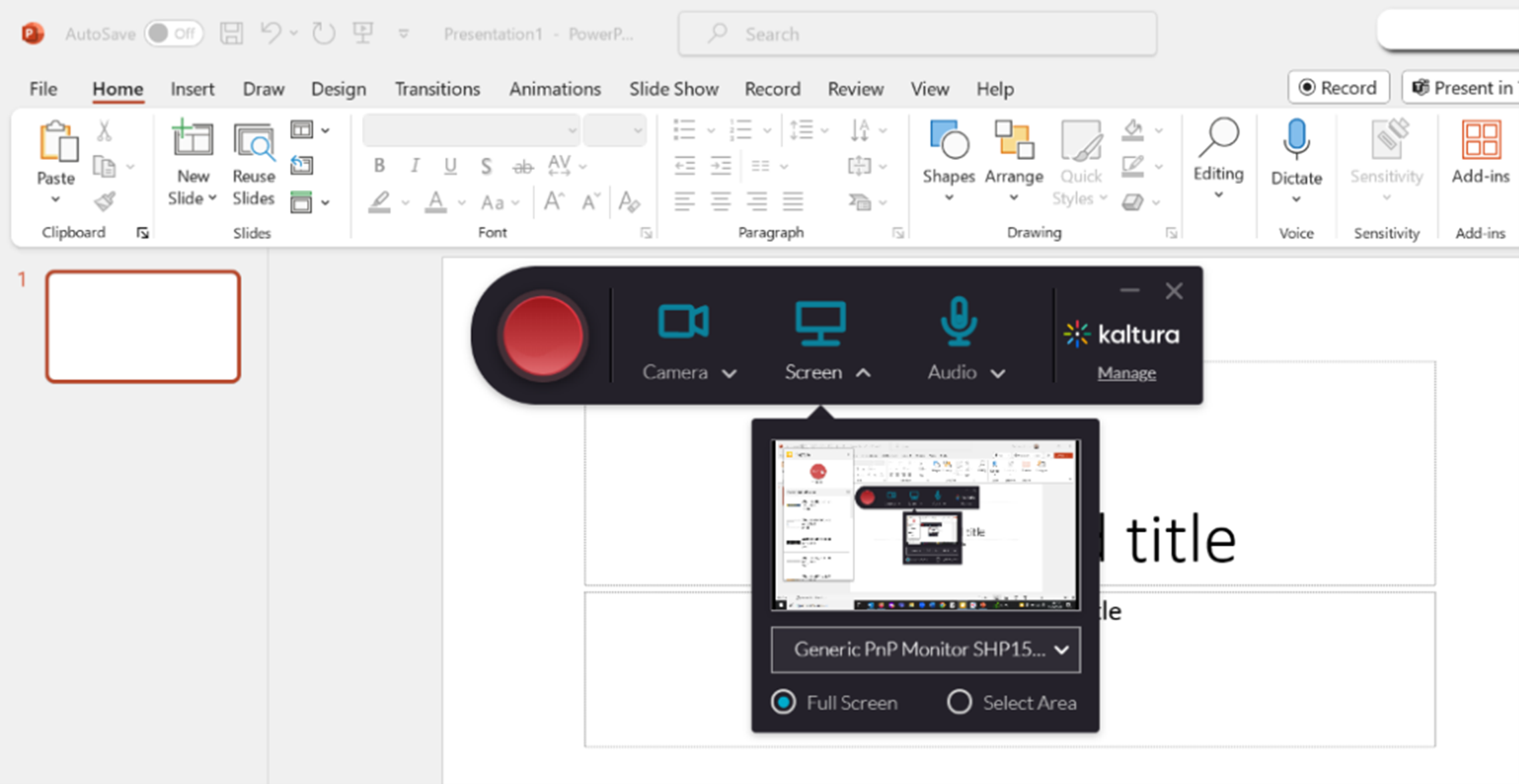 Screenshot of Kaltura Capture interface on-screen with a PowerPoint window