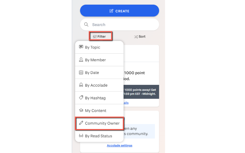 Screenshot of the expanded menu of Filter options located under the Search bar in Yellowdig. The option "Community Owner" is highlighted as the one to select.