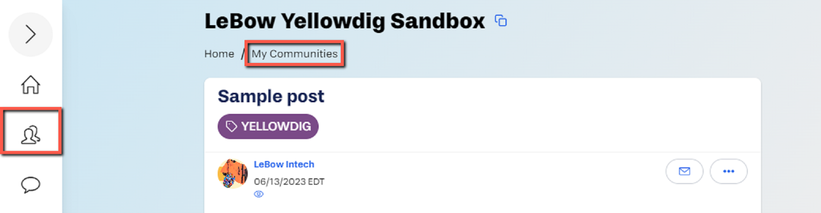 Screenshot from Yellowdig feed, pointing out the Communities icon on the lefthand navigation menu, as well as the "My Communities" text link that appears right below the page title