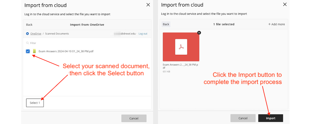 Screenshot of the two screens where students select their recently scanned document and confirm the import into Blackboard