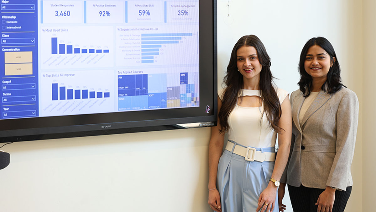 Two young women in business attire standing next to a screen displaying bar graphs and other data