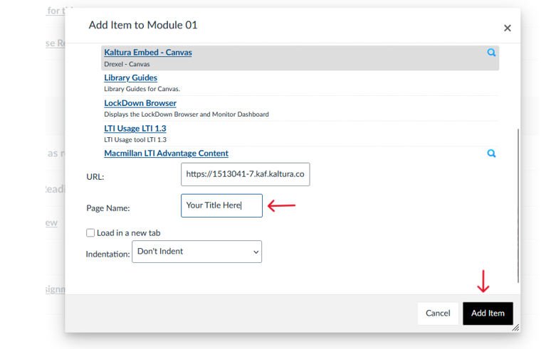 After entering a title for the video, select the Add Item button to finish adding it to the module