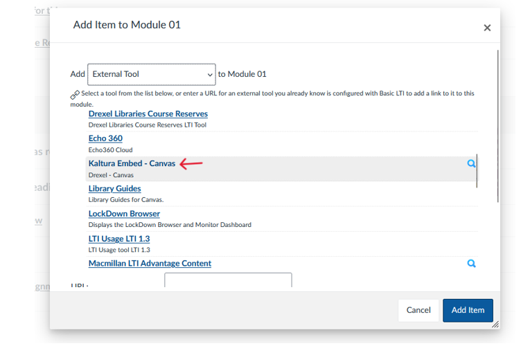 Select "Kaltura Embed - Canvas" option from the menu of External Tools