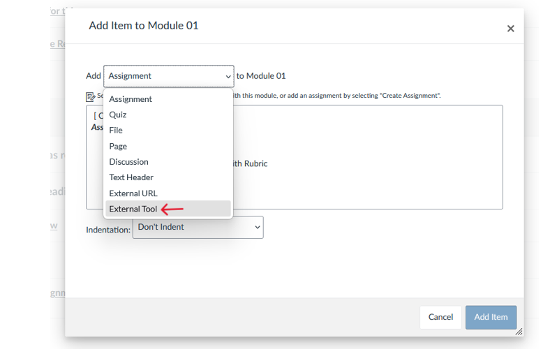 Select External Tool, the last option on the "Add" dropdown menu.