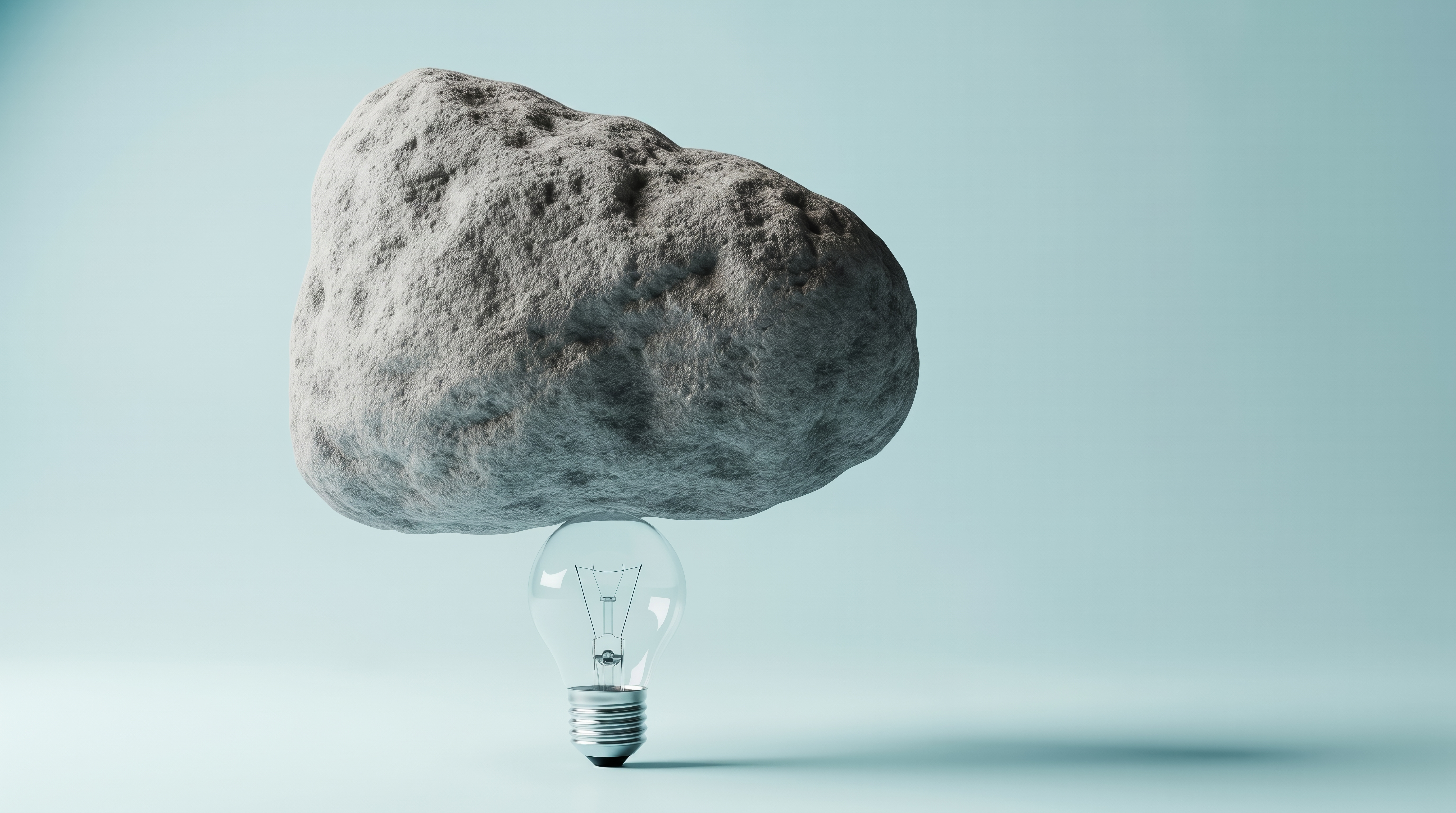 Large gray rock balanced on a light bulb against a blue background.
