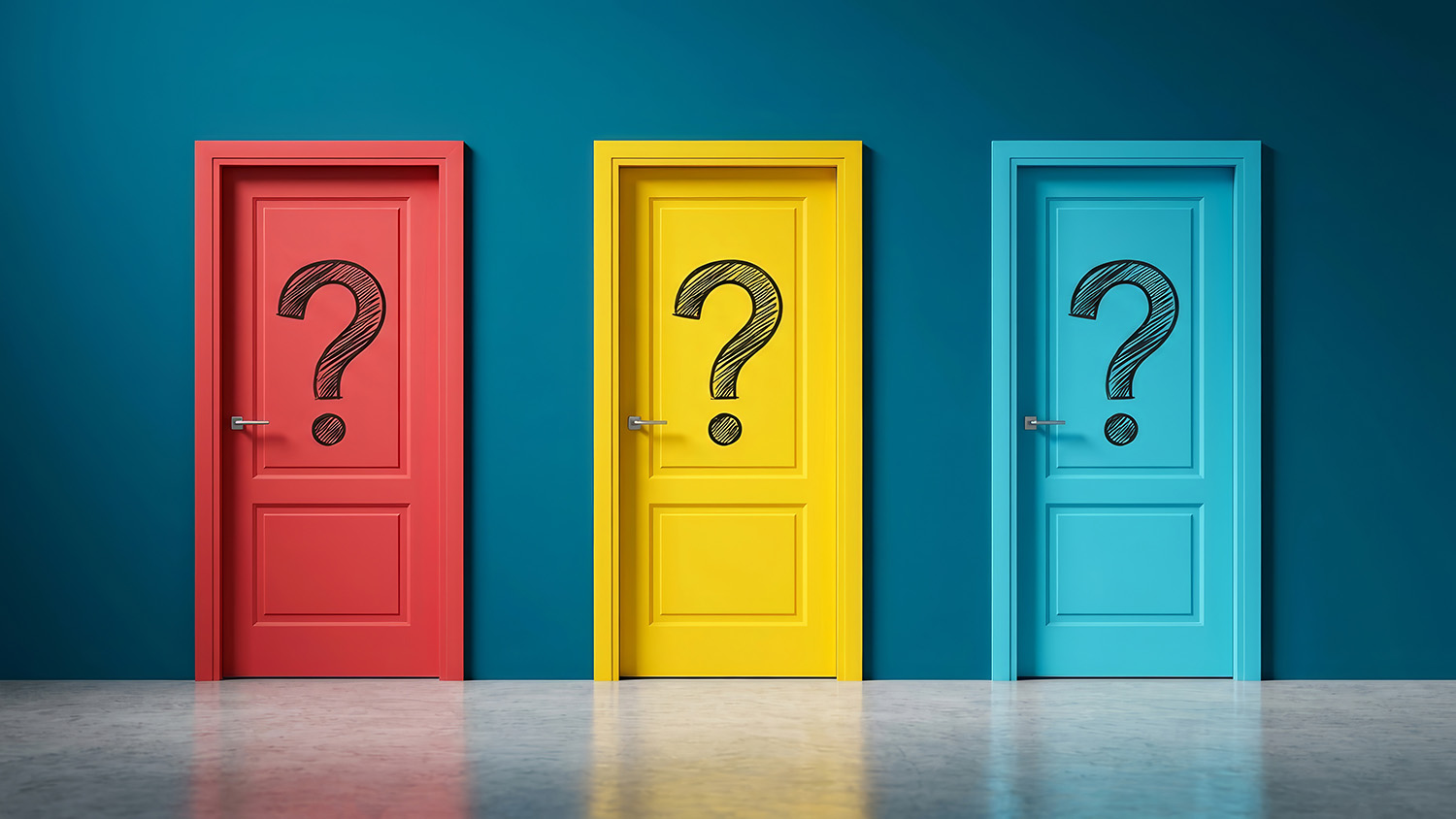Three doors, red, yellow, and blue, with question marks, against a blue wall.