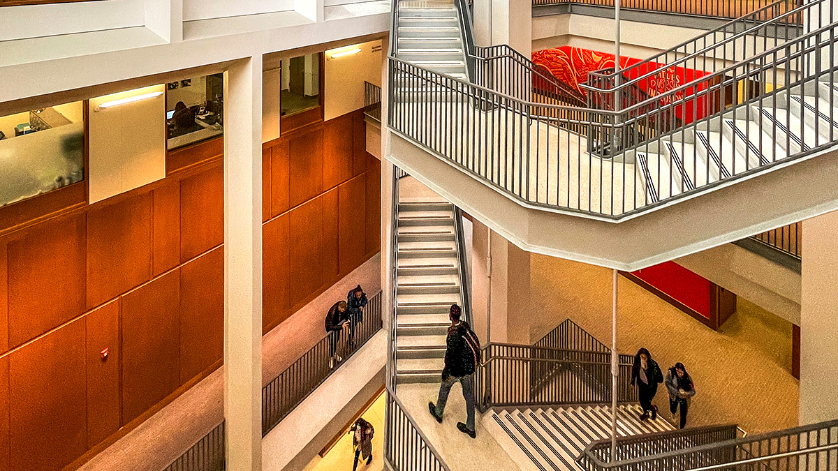 Stairs with students in Gerri. C. LeBow Hall