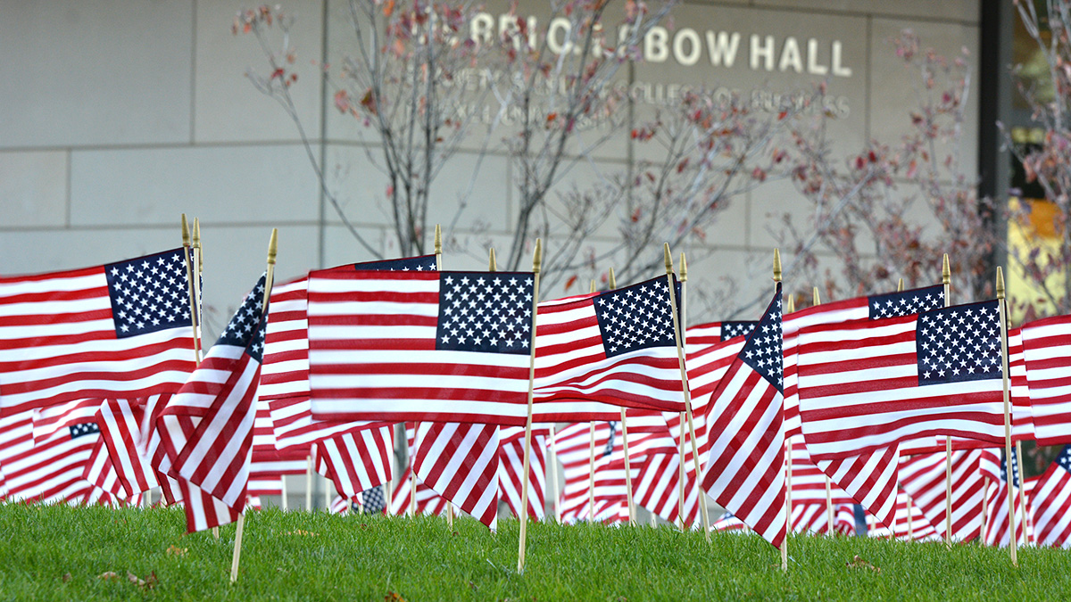 Veteran's Day US Flags in front of Gerri C. LeBow Hall at Drexel LeBow