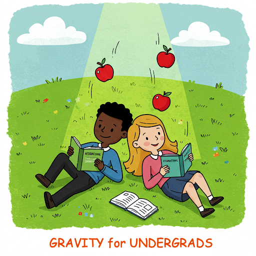 illustration of two young students reading while sitting back to back as apples tumble toward them from above, illustrating gravity at work