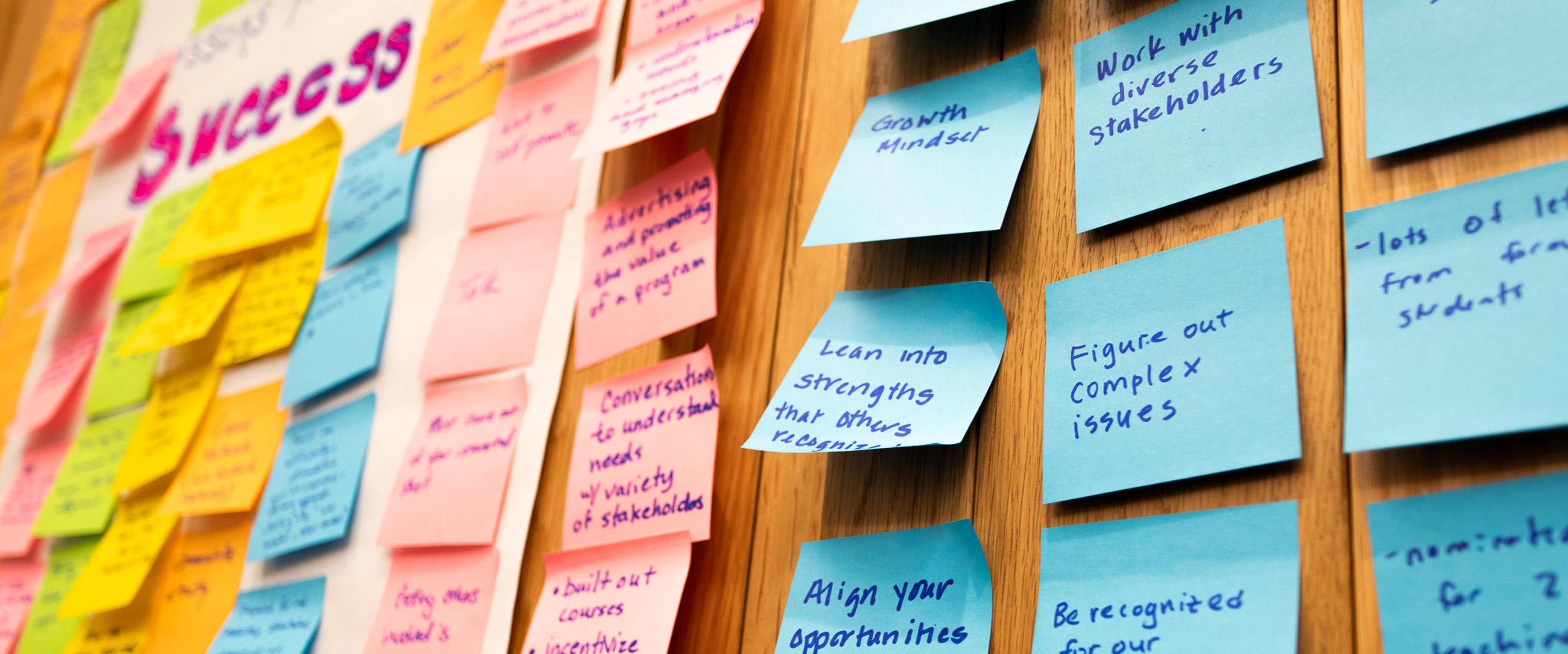 grouped sticky notes cover a wall, capturing the output of an ideation exercise
