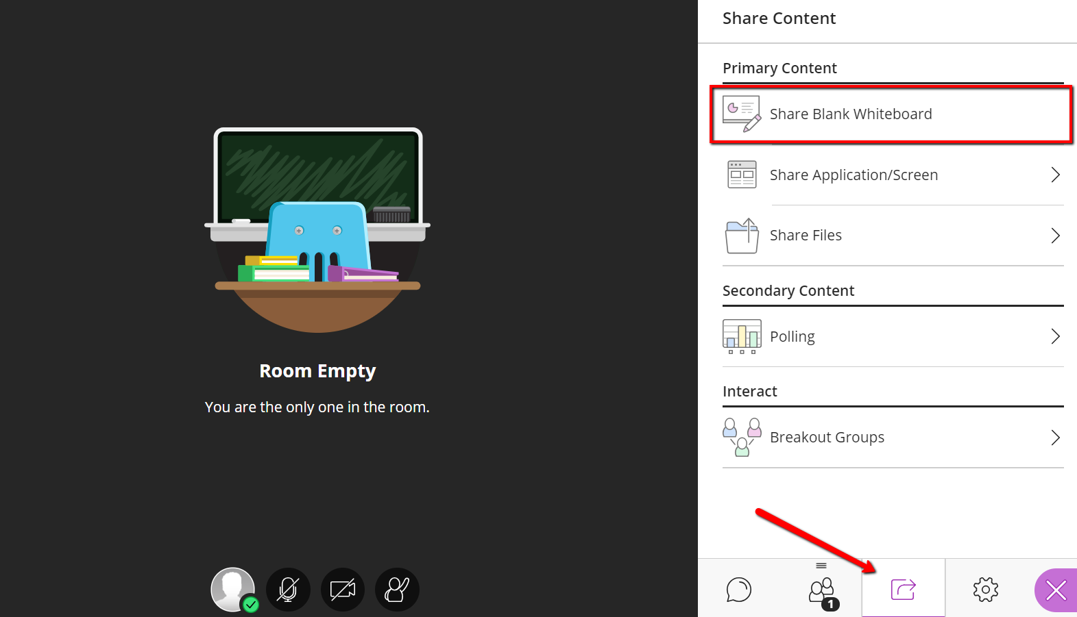 Screen capture of the "Share" tool with Share Blank Whiteboard highlighted