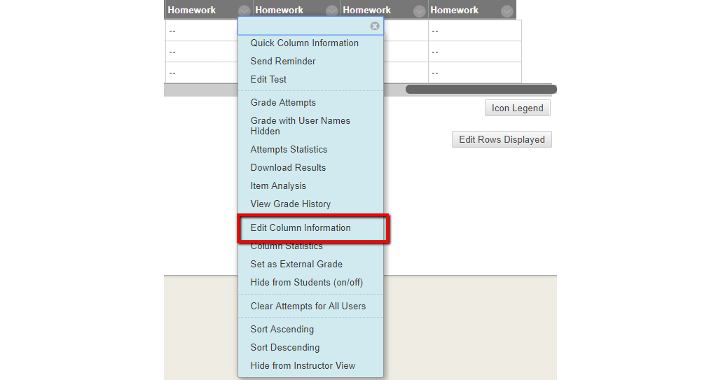 Drop-down menu with Edit Column Information highlighted