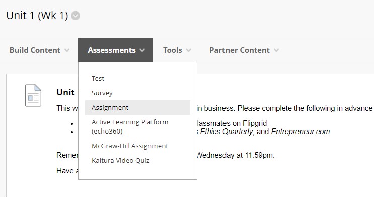 Screen capture of "Assessments" menu