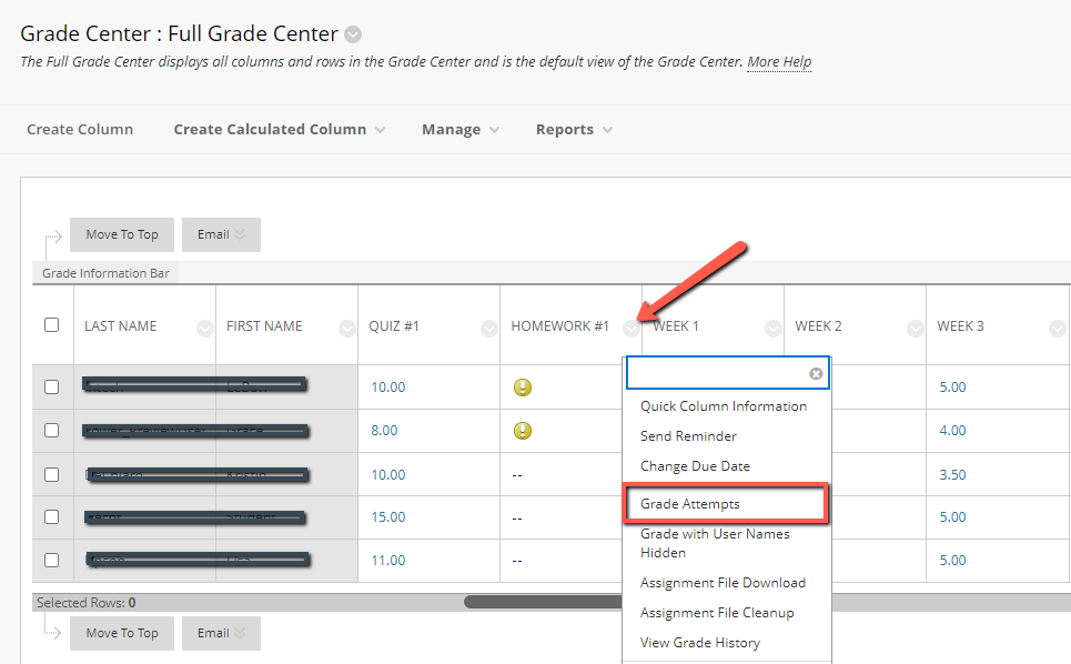 Screen capture of Full Grade Center with "Grade Attempts" highlighted