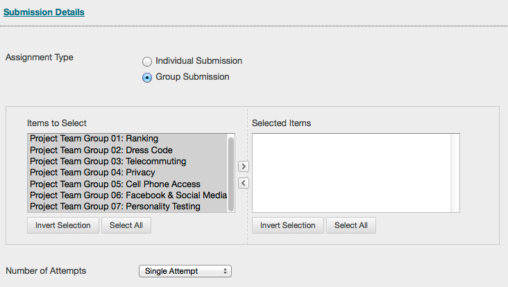 Screen capture of assignment submission details options
