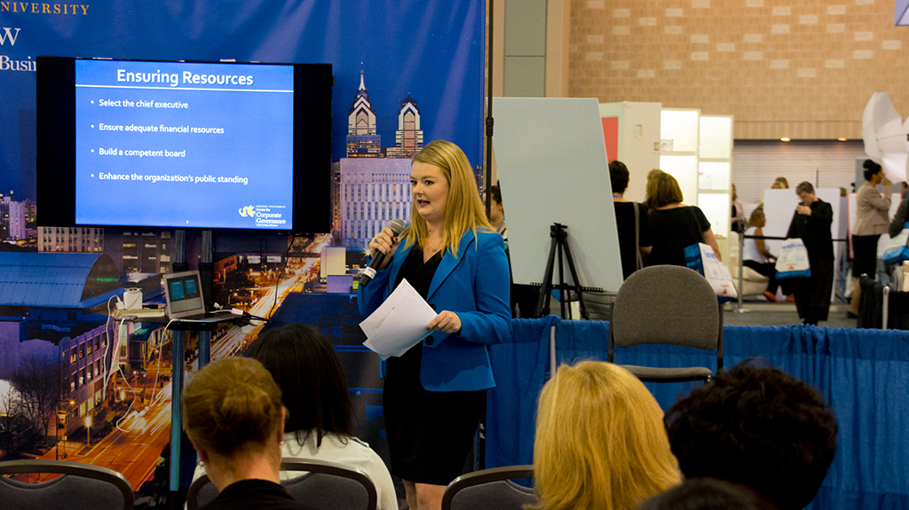 Alyssa Abbot, program manager, Center for Corporate Governance, presents at one 