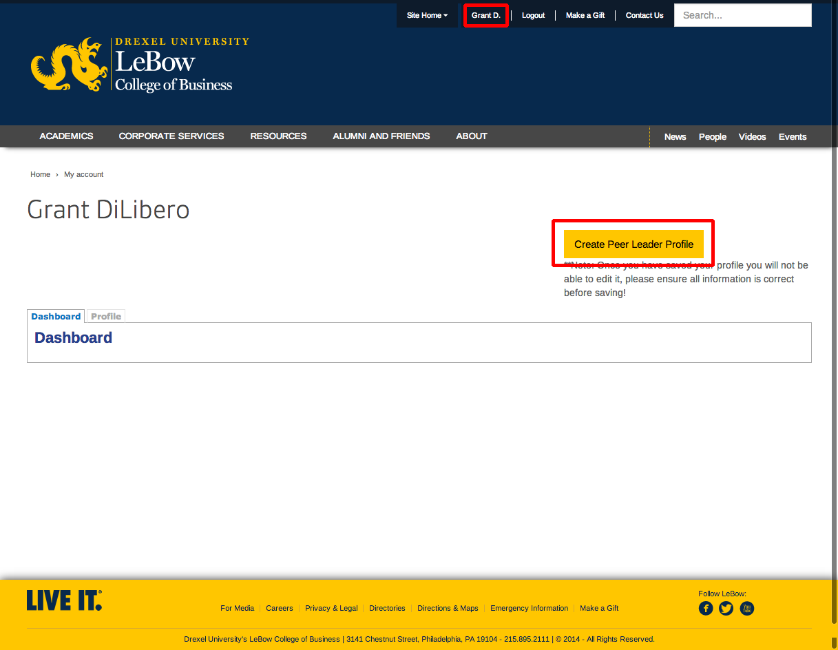 Screen showing profile page of LeBow website Profile Screen
