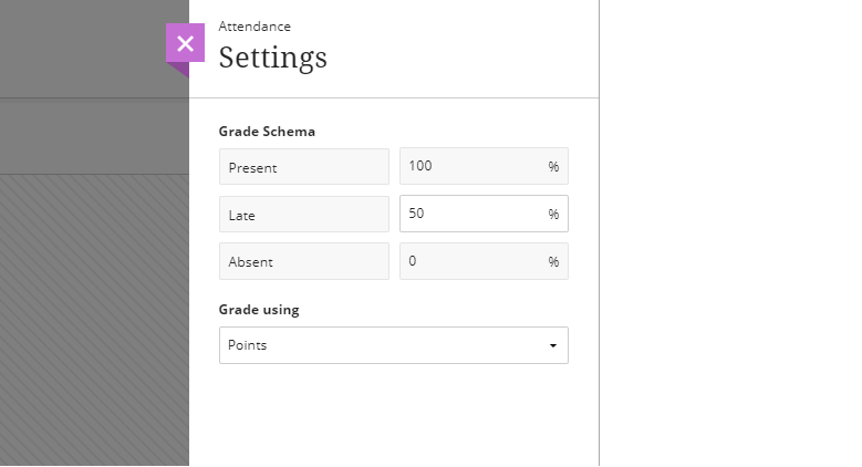Screen capture of the Attendance Settings panel