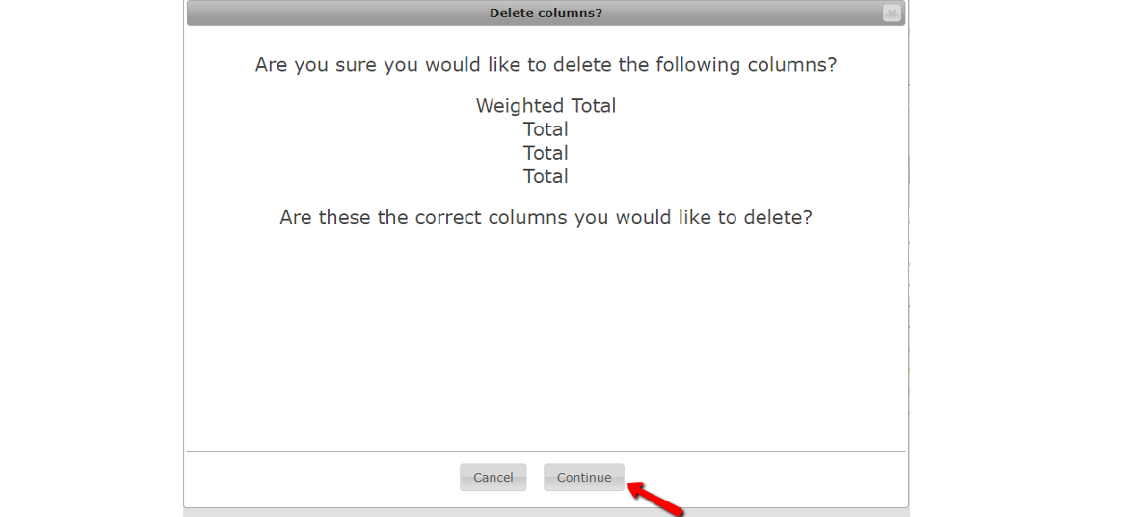Notification window for column deletion