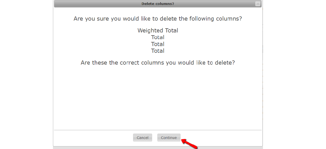 Notification window for column deletion Notification window for column deletion