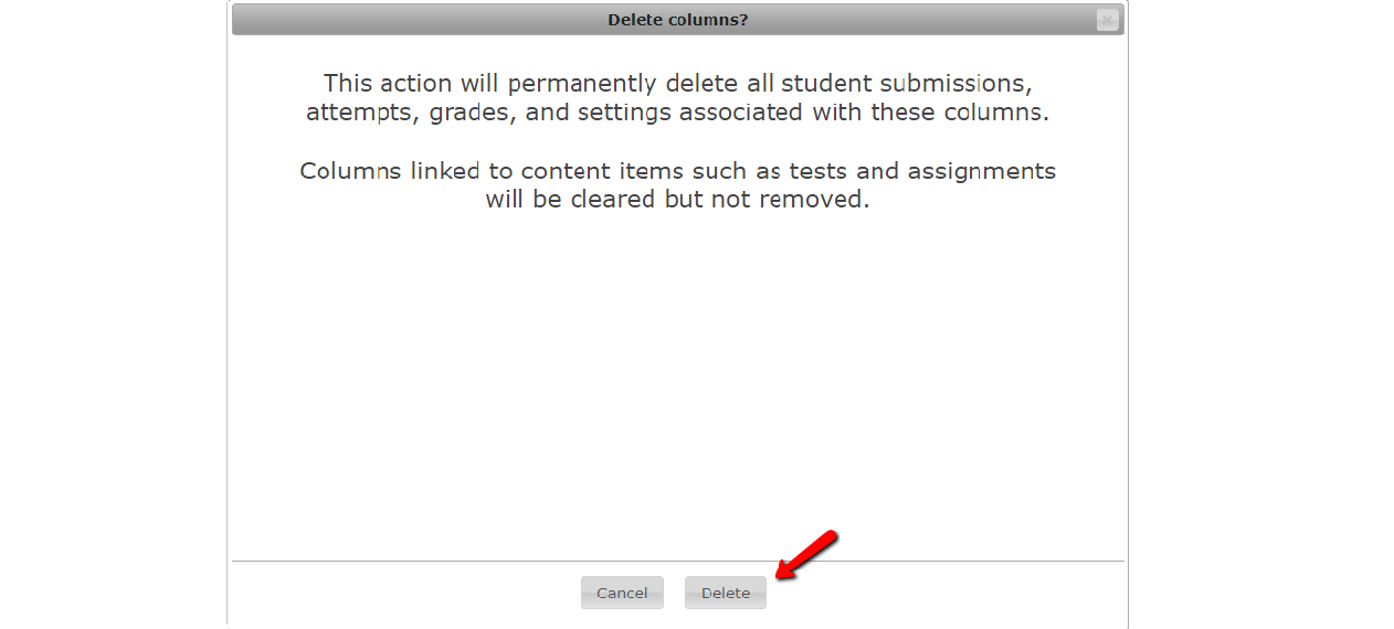 Notification window confirming column deletion Notification window confirming column deletion