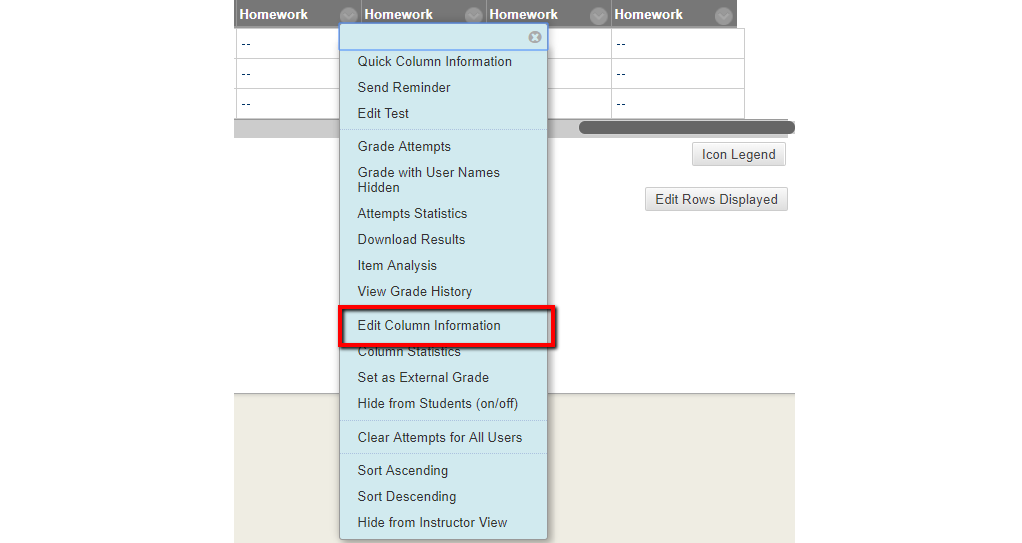 Drop-down menu with Edit Column Information highlighted Drop-down menu with Edit Column Information highlighted