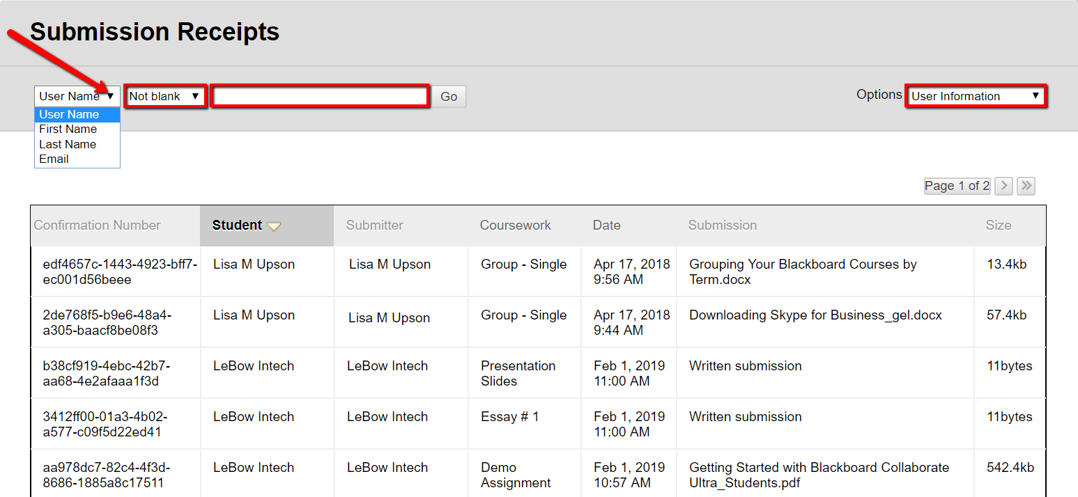 Submission receipt filtering and organization tools Submission receipt filtering and organization tools