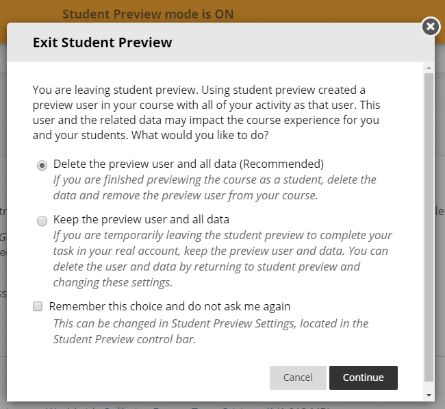 Screen capture of Student Preview Mode settings pop-up window