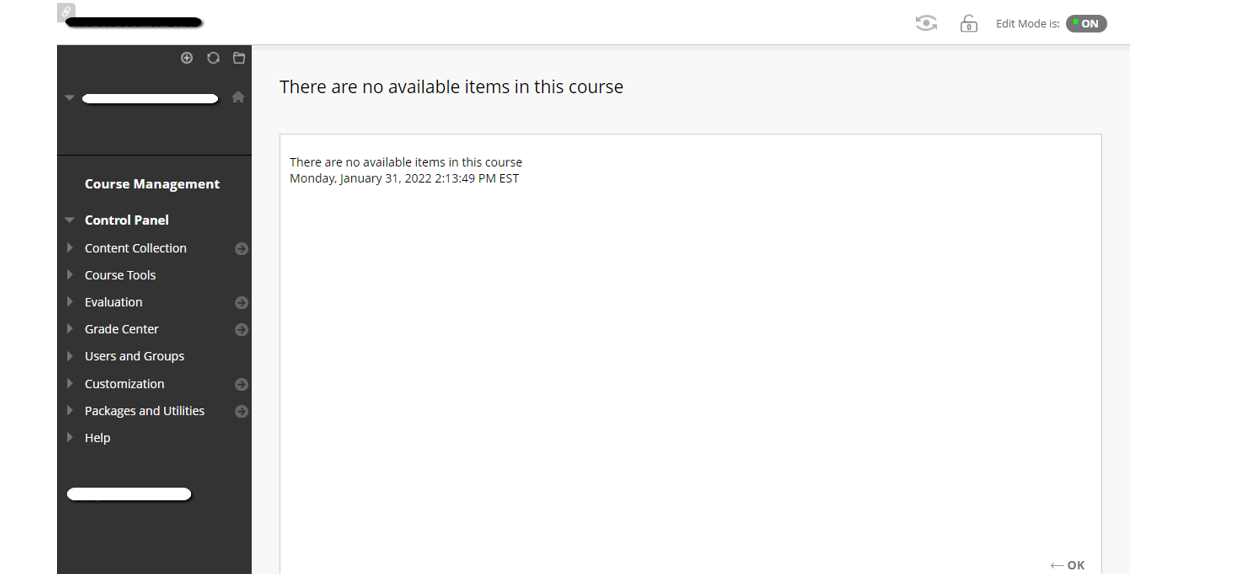 This is what a newly-created course looks like. Notice it is blank and has a black sidebar. Screen capture of blank course shell