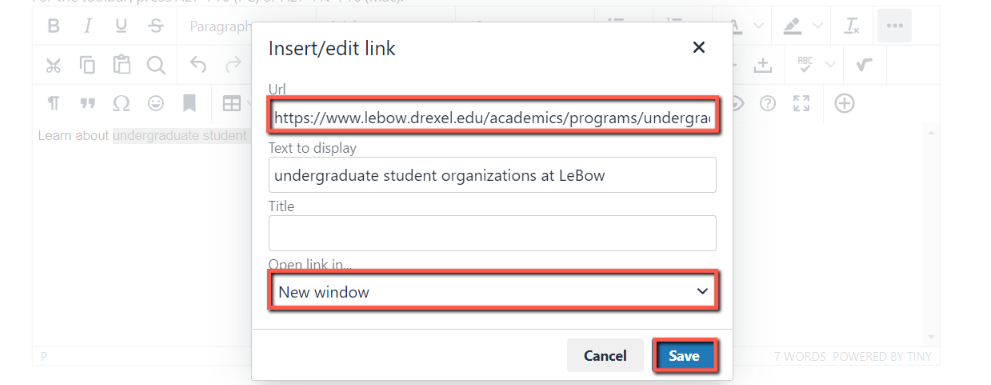 "Edit Link" window