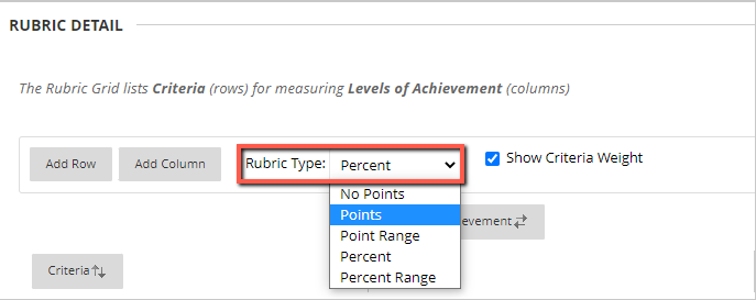 Rubric type drop-down menu displaying formatting options