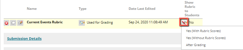 "Show Rubric to Students" menu