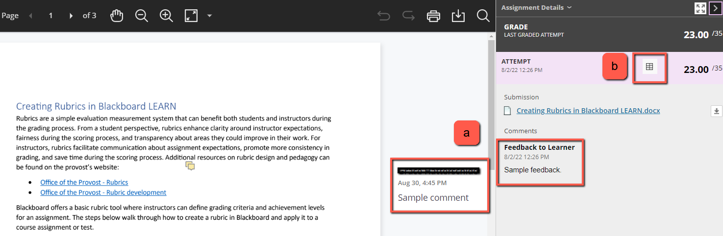 Submitted assignment with a comment, sample feedback, and a rubric icon