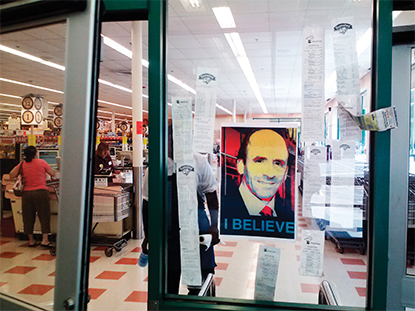 The “I Believe” poster depicts Arthur T. Demoulas. Boycotting customers returned to Market Basket stores to tape their receipts from competitors to the window. The “I Believe” poster depicts Arthur T. Demoulas. Boycotting customers returne