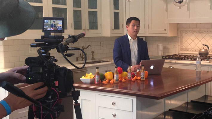 Lawrence Wu ’14 filming kickstarter video for WUJU Hot Sauce