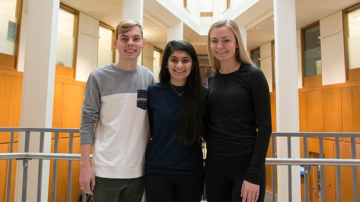 Nick Costantino, Prachi Shah and Monica McGinnis in Gerri C. LeBow Hall