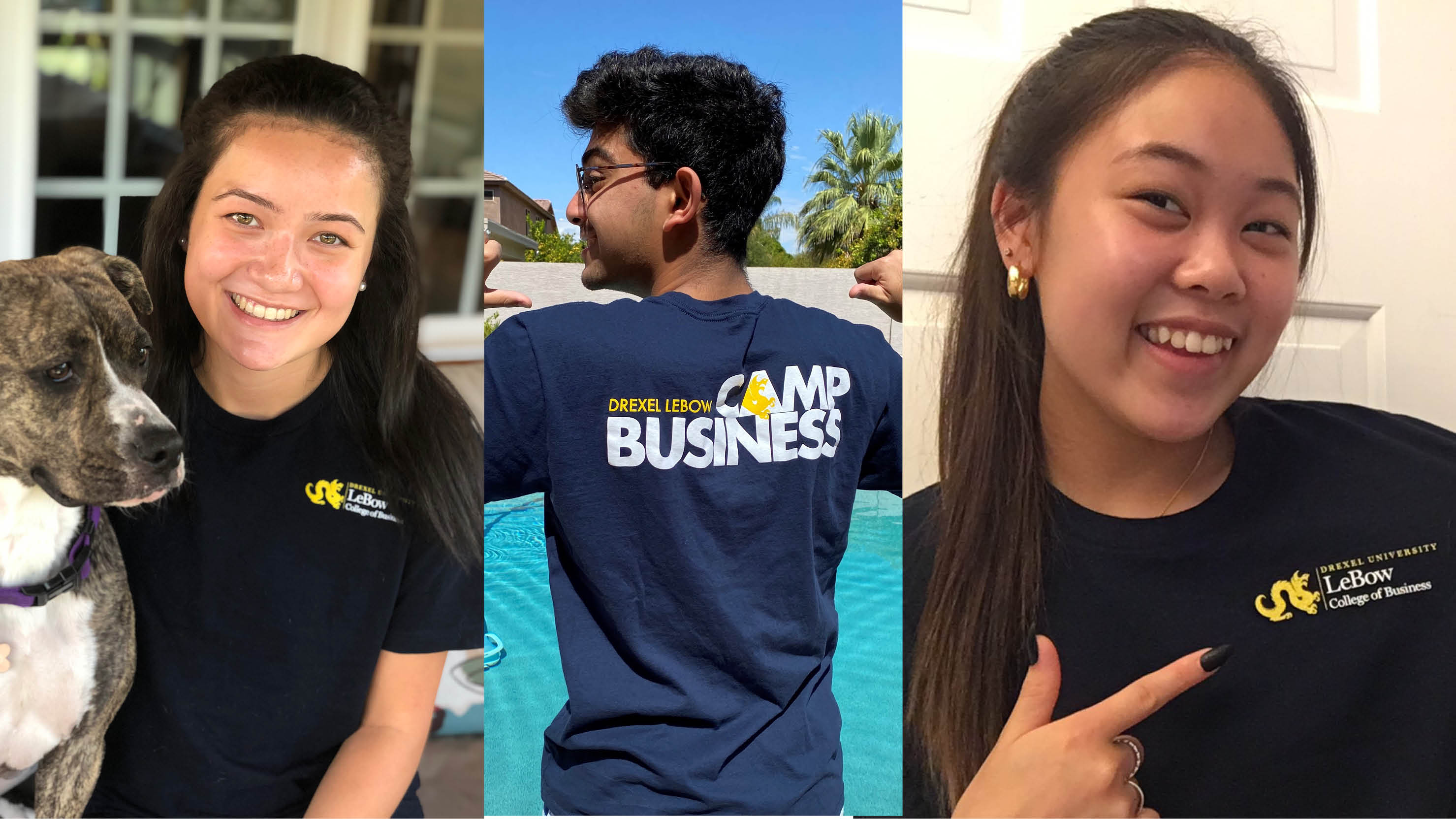 Three high school students wearing Drexel LeBow Camp Business shirts