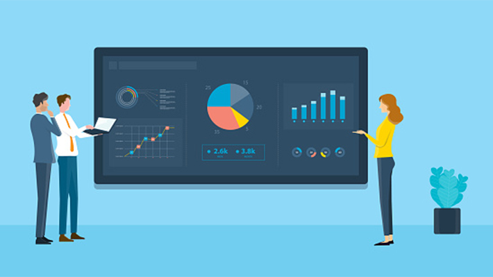 Illustration of three people viewing a chart of data