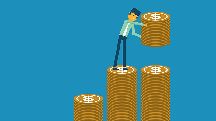 Illustration of person standing on stacks of coins
