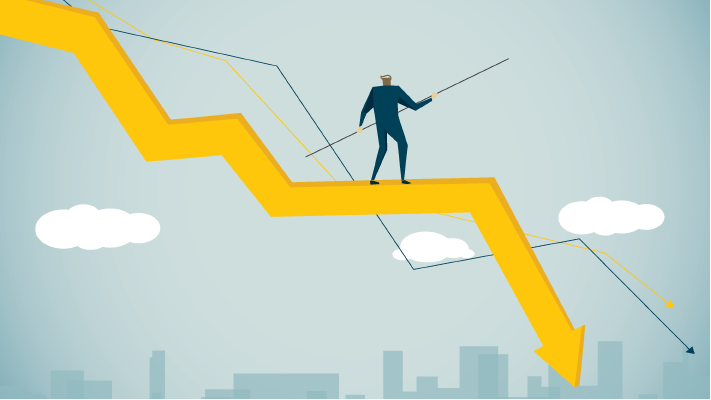 illustration of person balancing on a diving line chart