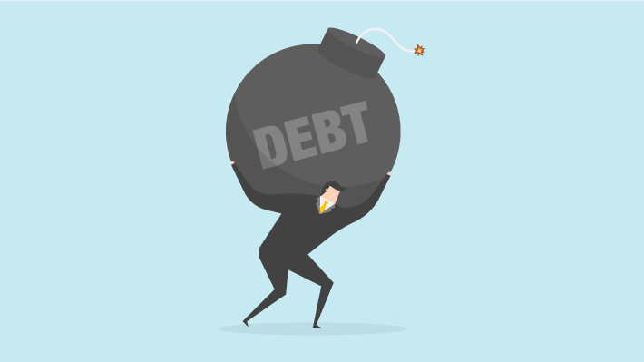 Illustration of a person holding a bomb labeled "debt" on their back Illustration of a person holding a bomb labeled "debt" on their back