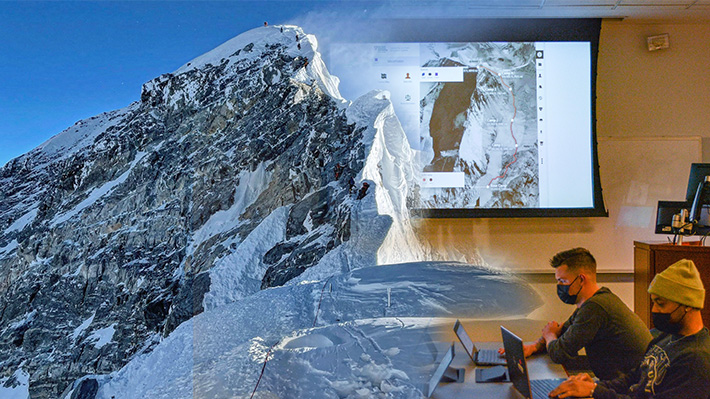 Photo illustration combining students in class with an image of Mount Everest