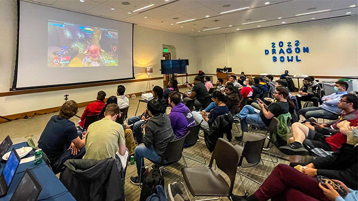 Students gather in Gerri C. LeBow Hall for the Dragon Bowl esports tournament.