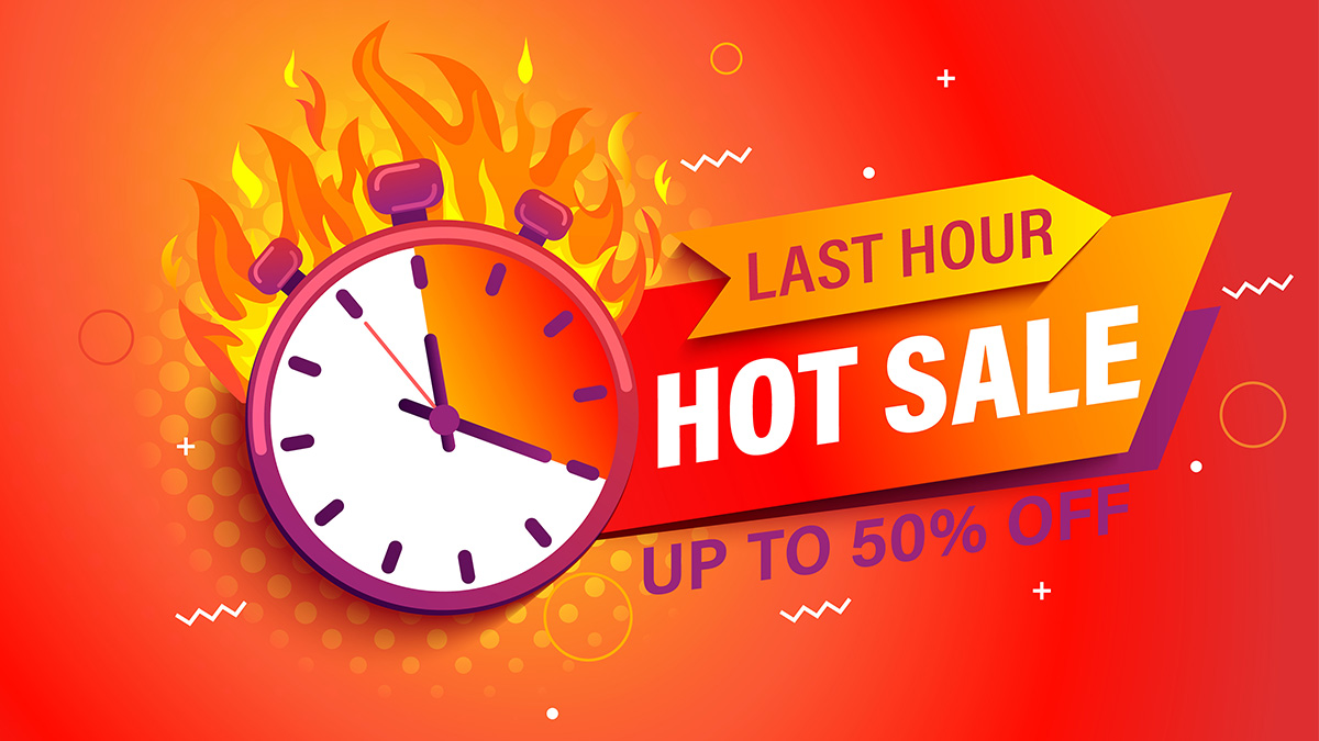 Stopwatch with flames and text reading Last Hour, Hot Sale, Up to 50 Percent Off