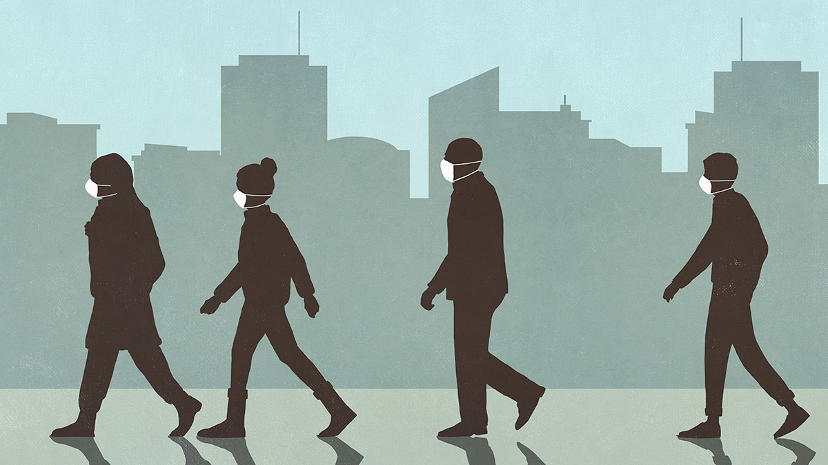 Workers walking while wearing masks illustration